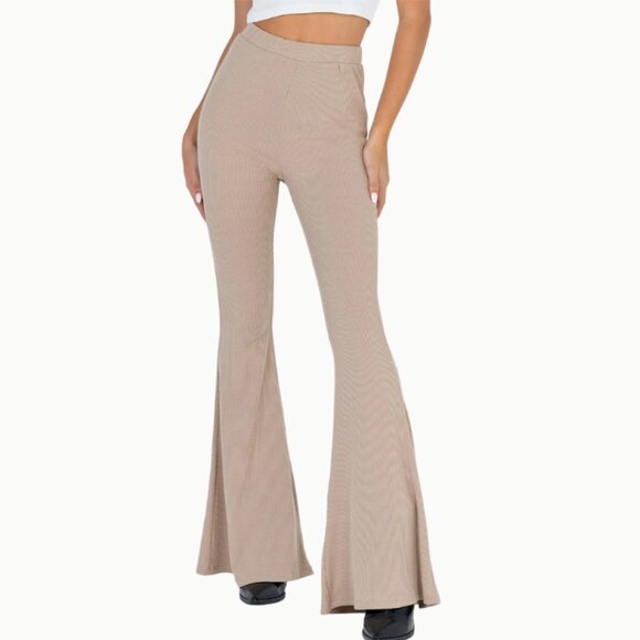 Princess Polly Pants - Princess Polly Women's Rita Roberts Knit Flare Pant Bootcut Ribbed Tan Size XS 2